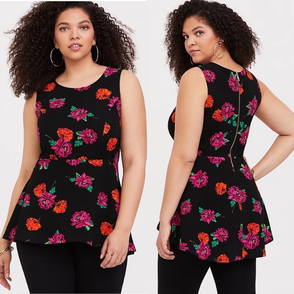 SOLD!! Torrid Black Floral Hi-Lo Peplum Top